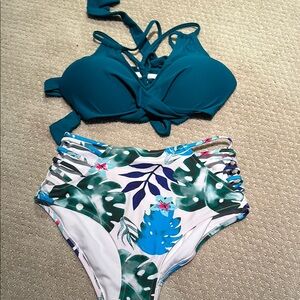 CUPSHE Teal Bikini Top and Tropical Print Bottom